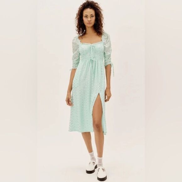 For Love & Lemons Eden Silk Midi Mint Green Dress Blend Metallic Hearts Size S - Picture 4 of 9